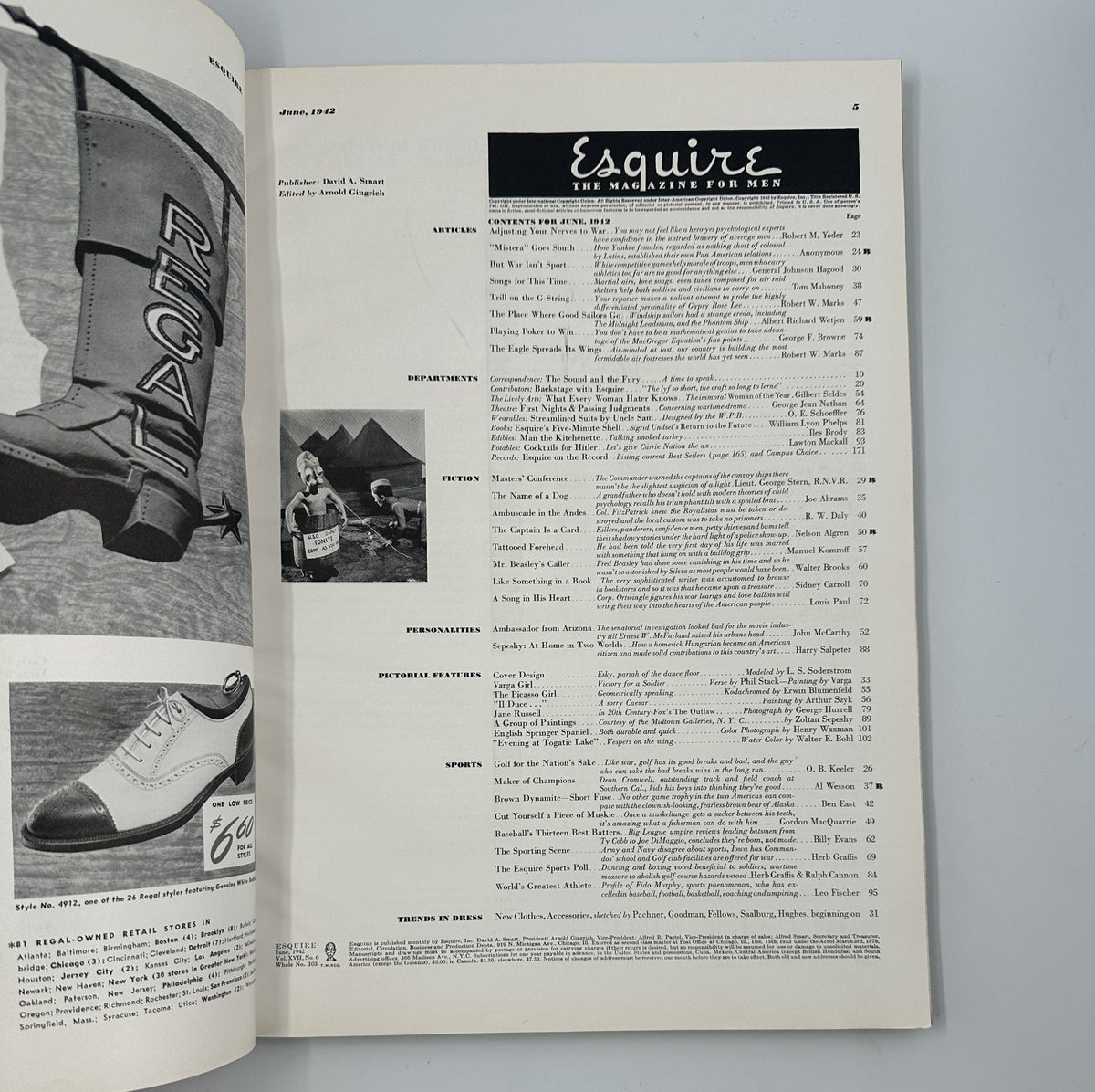 Interior page from Esquire Magazine June 1942 listing table of contents. This page details articles related to fiction, sports, and culture, maintaining the theme of 'Esquire: The Magazine for Men'.