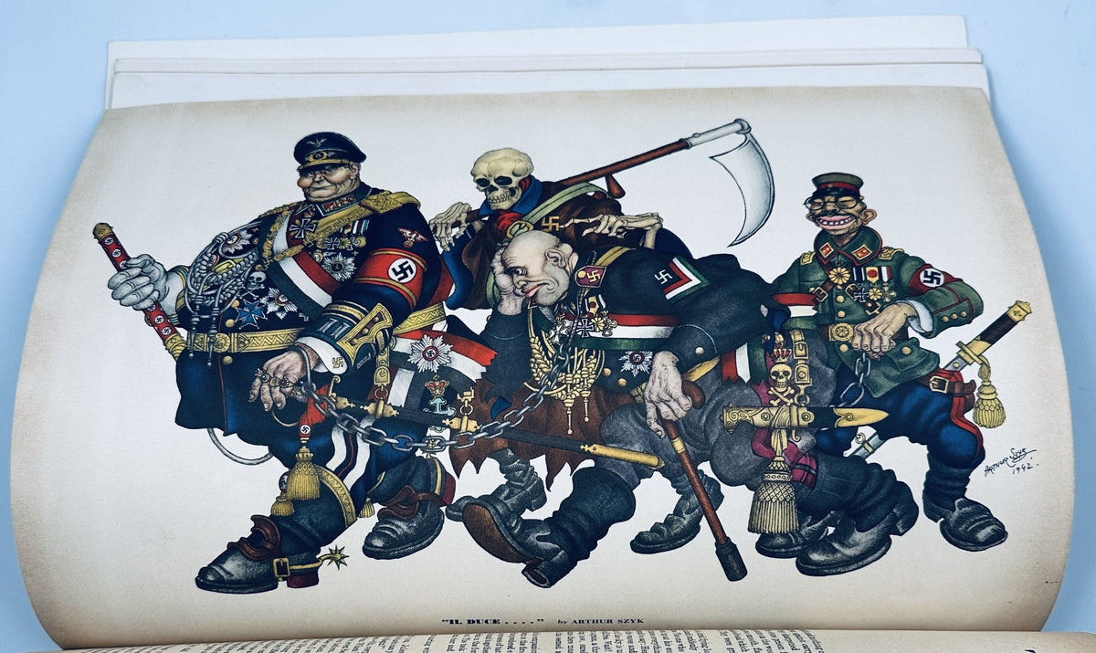 Political cartoon illustration titled 'Il Duce' from Esquire Magazine June 1942, depicting caricatures of World War II leaders with dark humor by Arthur Szyk.