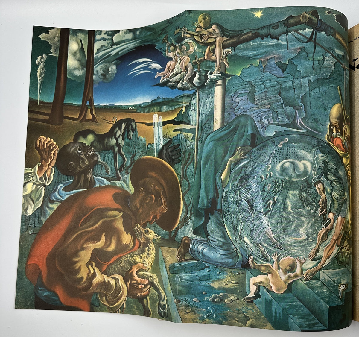 Salvador Dali's artwork featured in December 1942 Esquire Magazine, depicting a surreal Christmas scene with various symbolic elements.