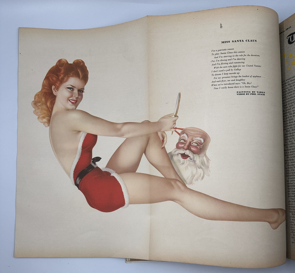 Pinup illustration from December 1942 Esquire Magazine titled 'Miss Santa Claus', featuring a glamorous woman in a festive outfit with Santa Claus imagery.