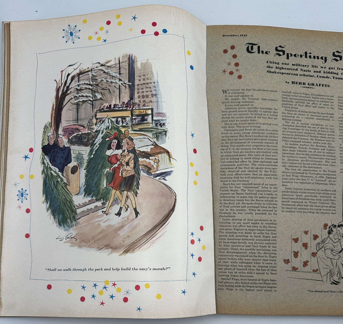 December 1942 Esquire Magazine Christmas illustration depicting a woman with Christmas trees in a park, showcasing seasonal cheer reflecting the spirit of World War II, featured in a vintage magazine.