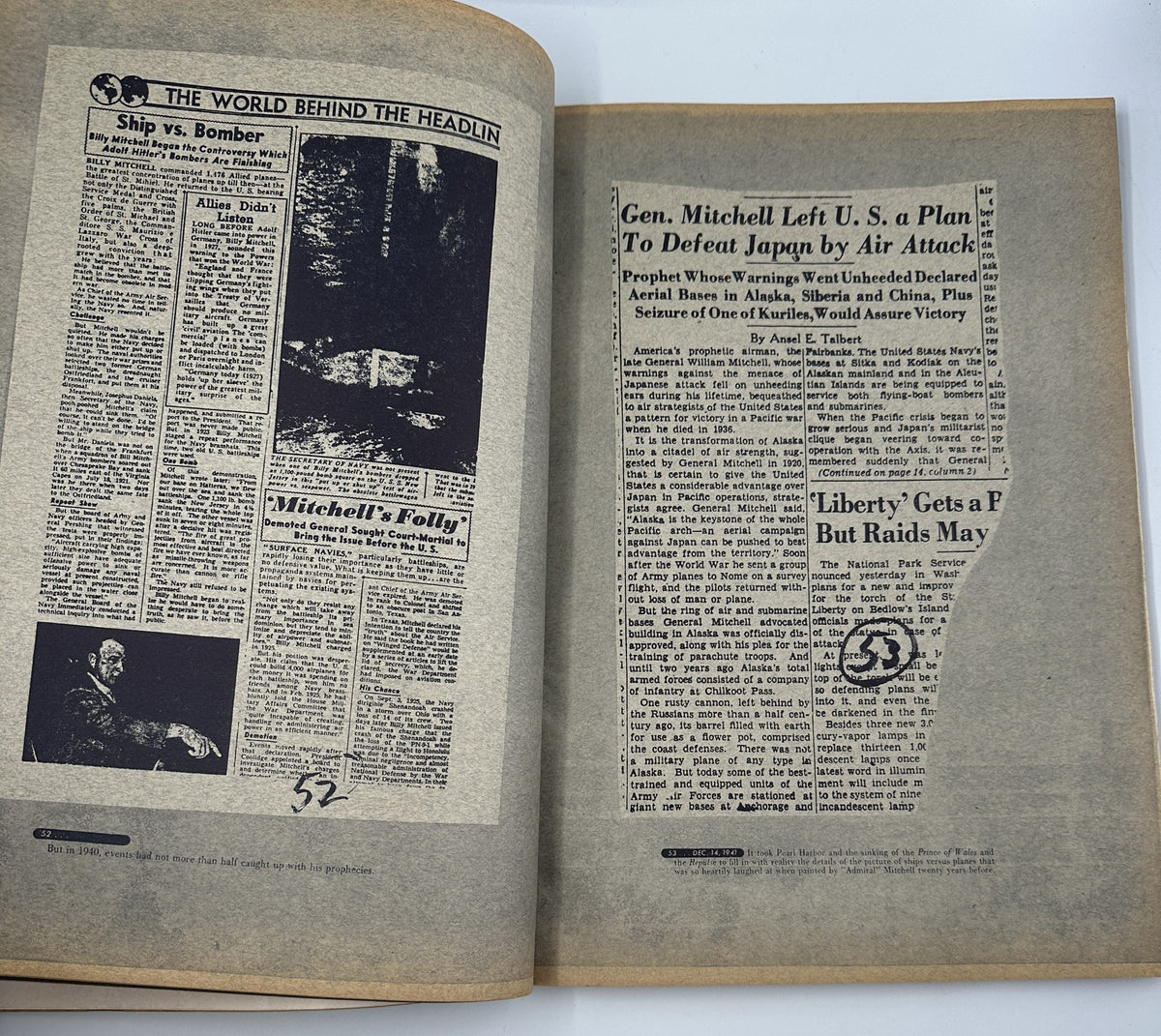 December 1942 Esquire Magazine featuring an article titled 'Mitchell's Folly' discussing Gen. Mitchell's aerial strategies and World War II, captured in a historical context.