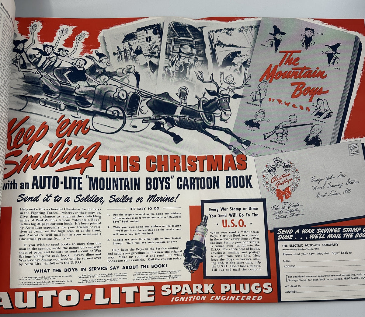 December 1942 Esquire Magazine advertisement for Auto-Lite's 'Mountain Boys' cartoon book, promoting holiday gifts for soldiers during WWII, highlighting patriotic themes.