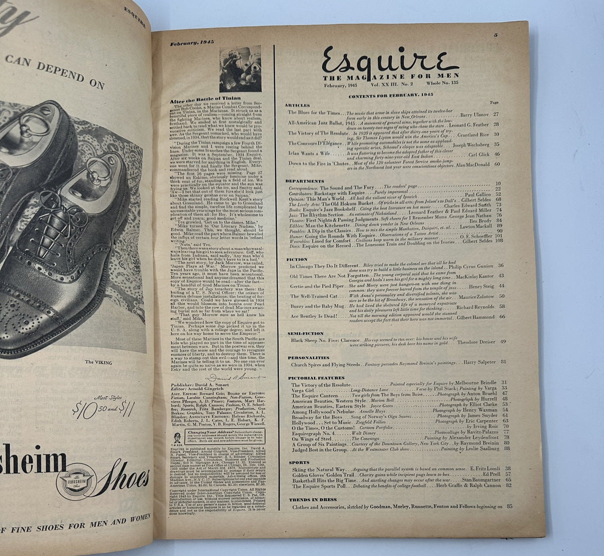 Inside page of Esquire Magazine February 1945, displaying a vintage advertisement featuring elegant shoes. The layout reflects the magazine's classic aesthetic and period design, consistent with its title and theme.
