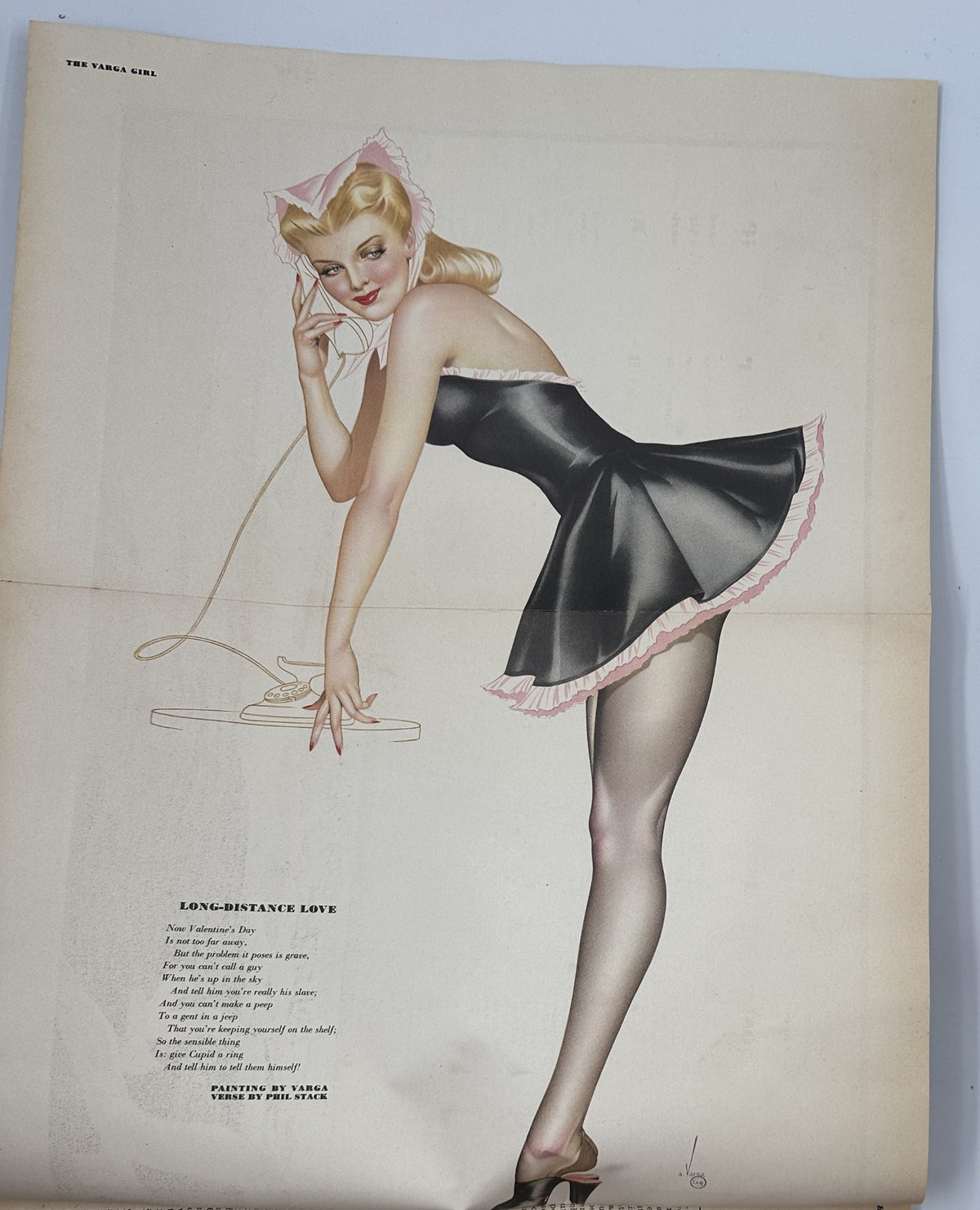 Pinup art from Esquire Magazine February 1945, titled 'Long-Distance Love' by artist Varga. The illustration features a glamorous model in a stylish outfit, capturing the essence of the era's aesthetic.