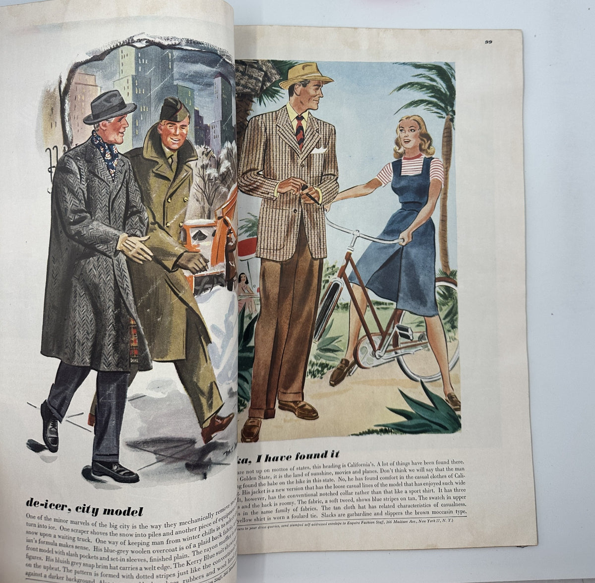 Esquire Magazine February 1945 Jazz Number featuring a vibrant illustration of three men in stylish outfits on the street, showcasing winter fashion, alongside a woman in a playful dress on a bicycle.
