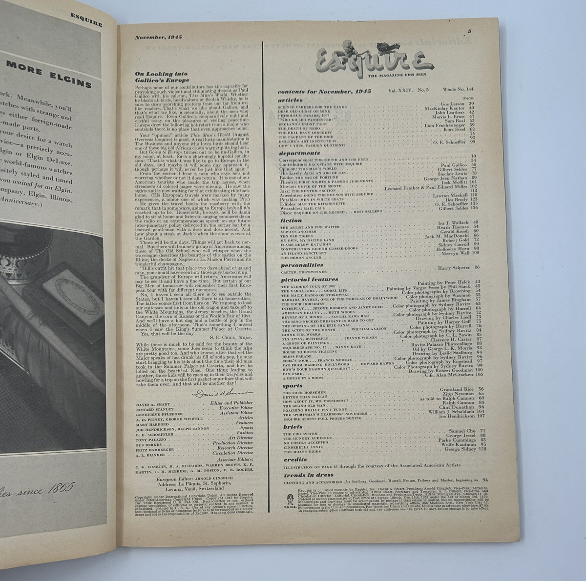 Interior page of Esquire Magazine November 1945 displaying the table of contents alongside editorial notes and features, highlighting various monthly sections and contributors related to men’s culture and interests.