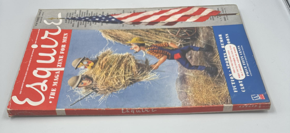 Esquire Magazine August 1942 Victory Issue featuring an illustrated cover with a patriotic theme featuring an American flag and characters interacting with hay bales.