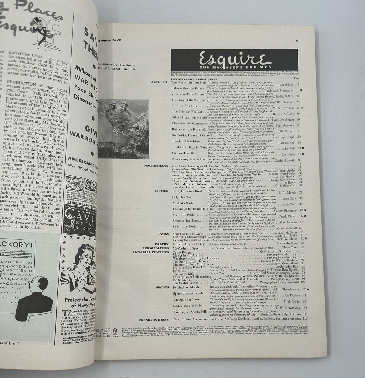 Interior page of Esquire Magazine August 1942 featuring a table of contents and article listings from the Victory Issue.