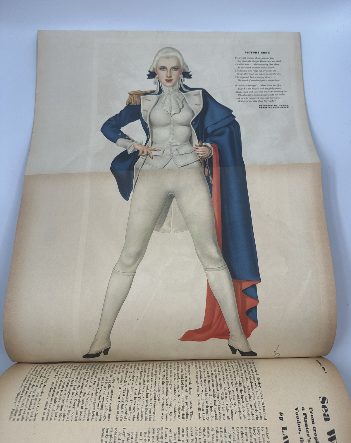 A stunning illustration for 'Victory Song' featured in Esquire Magazine August 1942, showcasing a stylized figure in a military-inspired outfit.