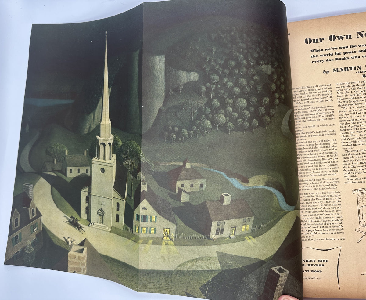 Artistic depiction of a serene village scene in Esquire Magazine August 1942, accompanying an article titled 'Our Own New Order'.