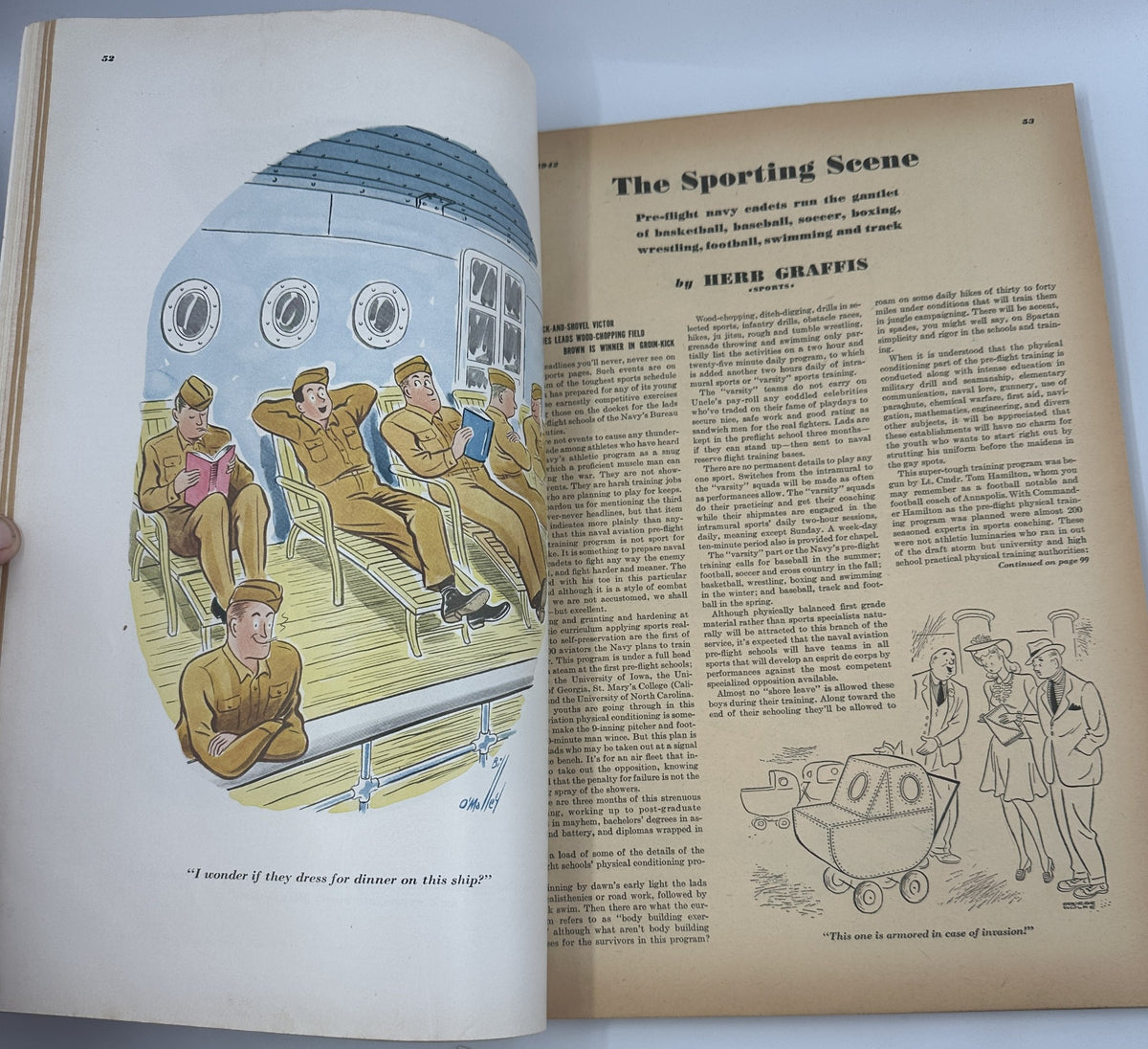 Inside page of Esquire Magazine August 1942 displaying the 'The Sporting Scene' article featuring soldiers on a ship during World War II.