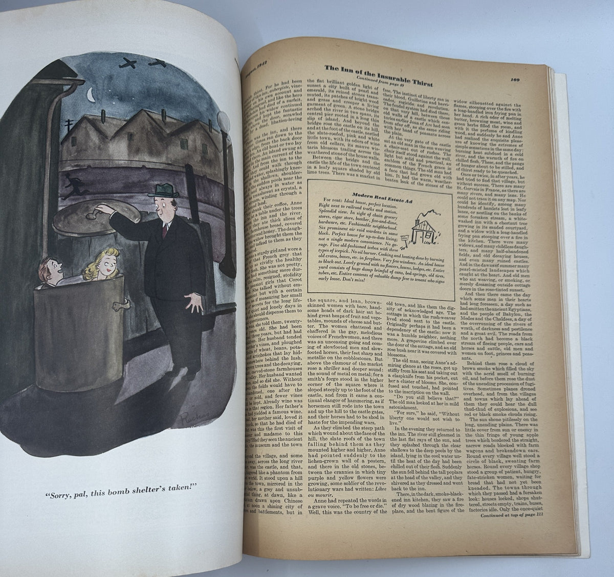 Interior page from Esquire Magazine August 1942 Victory Issue showing cartoon illustration with a man in a top hat speaking to characters in a bomb shelter, alongside text from the article 'The Inn of the Insurable Thirst.'