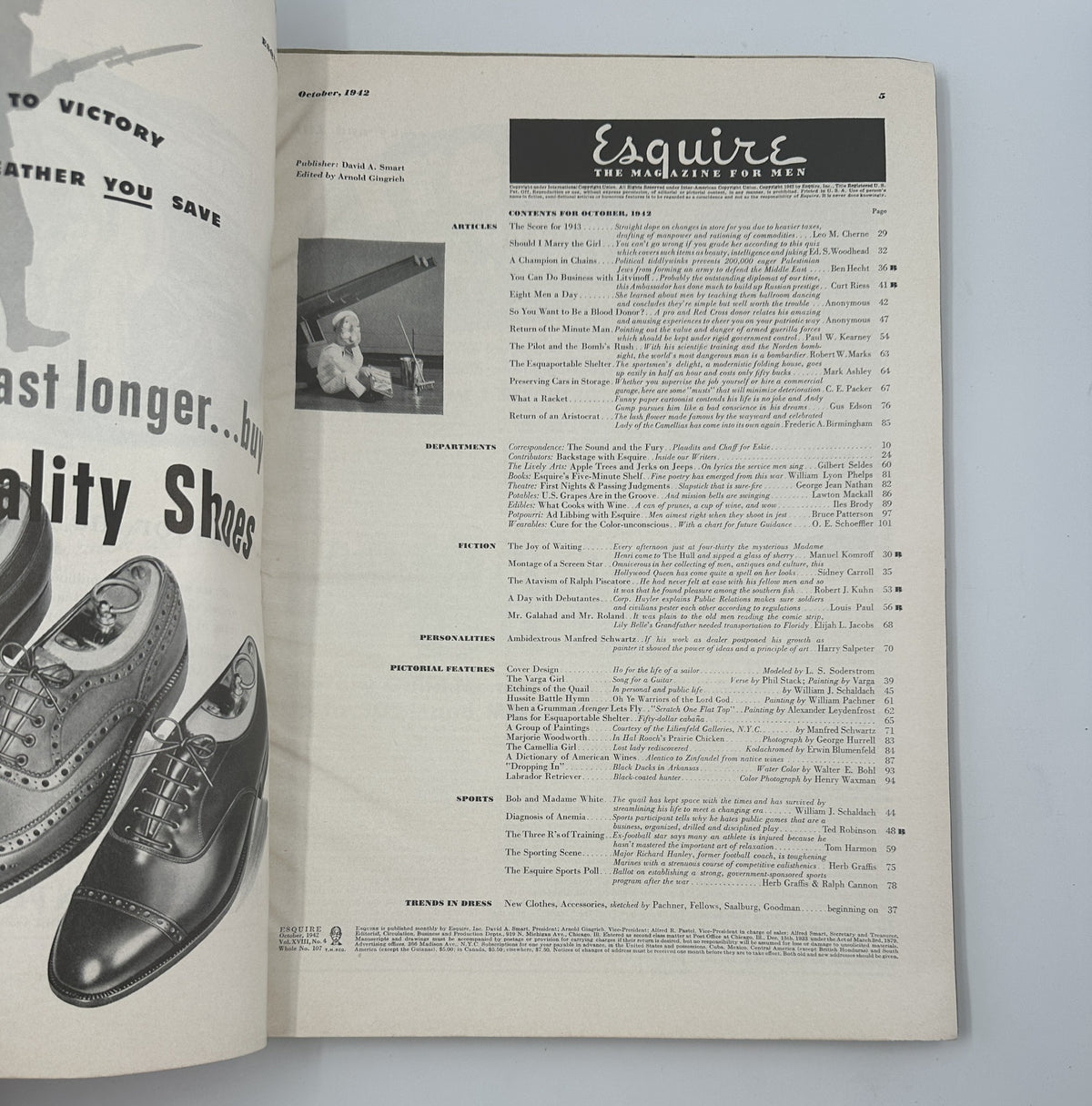 Interior page of Esquire Magazine October 1942 displaying an advertisement for quality shoes, emphasizing their durability and style.