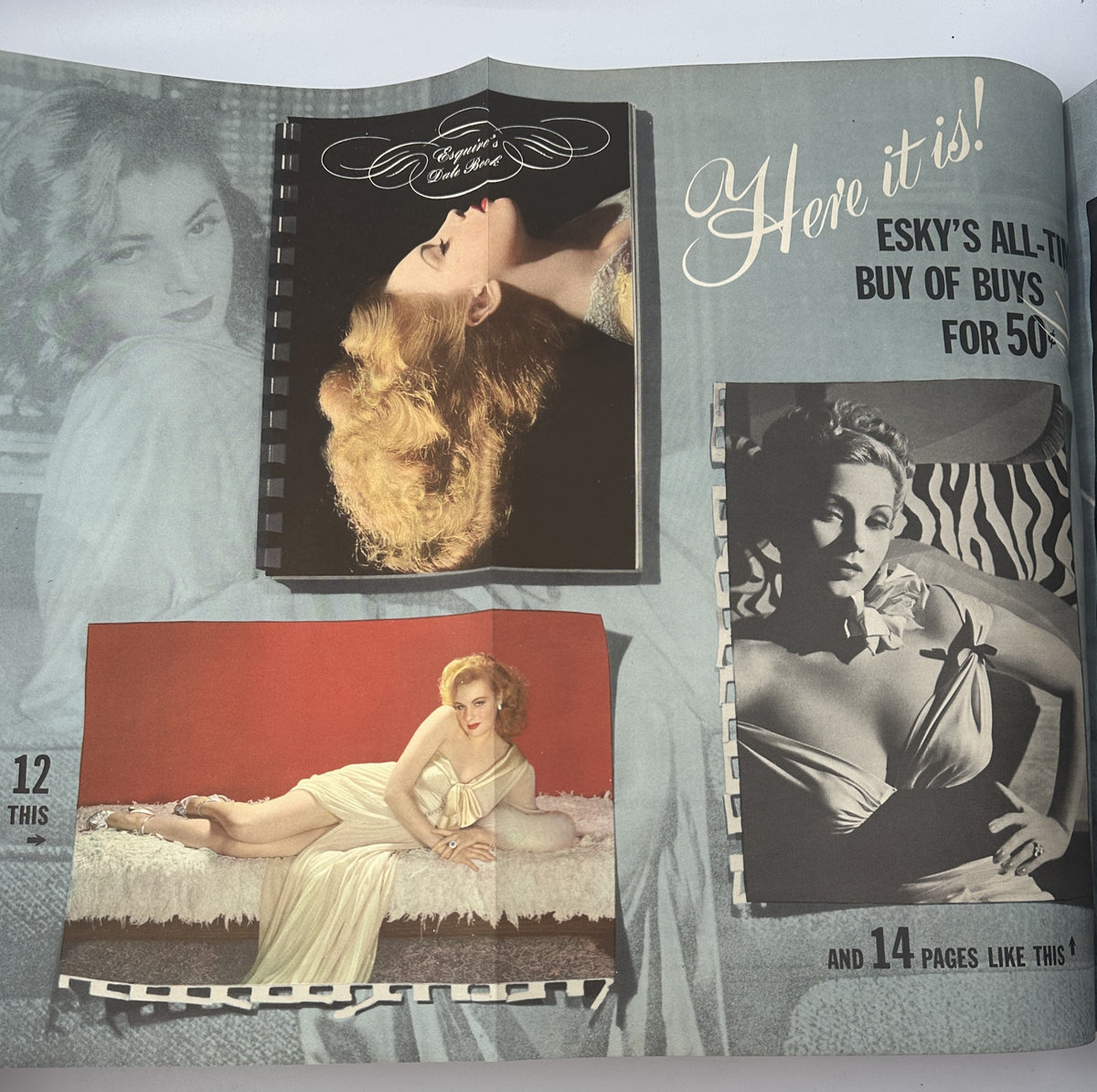 Collage of pin-up models featured in Esquire Magazine October 1942, promoting a special issue with glamorous photography and fashion.