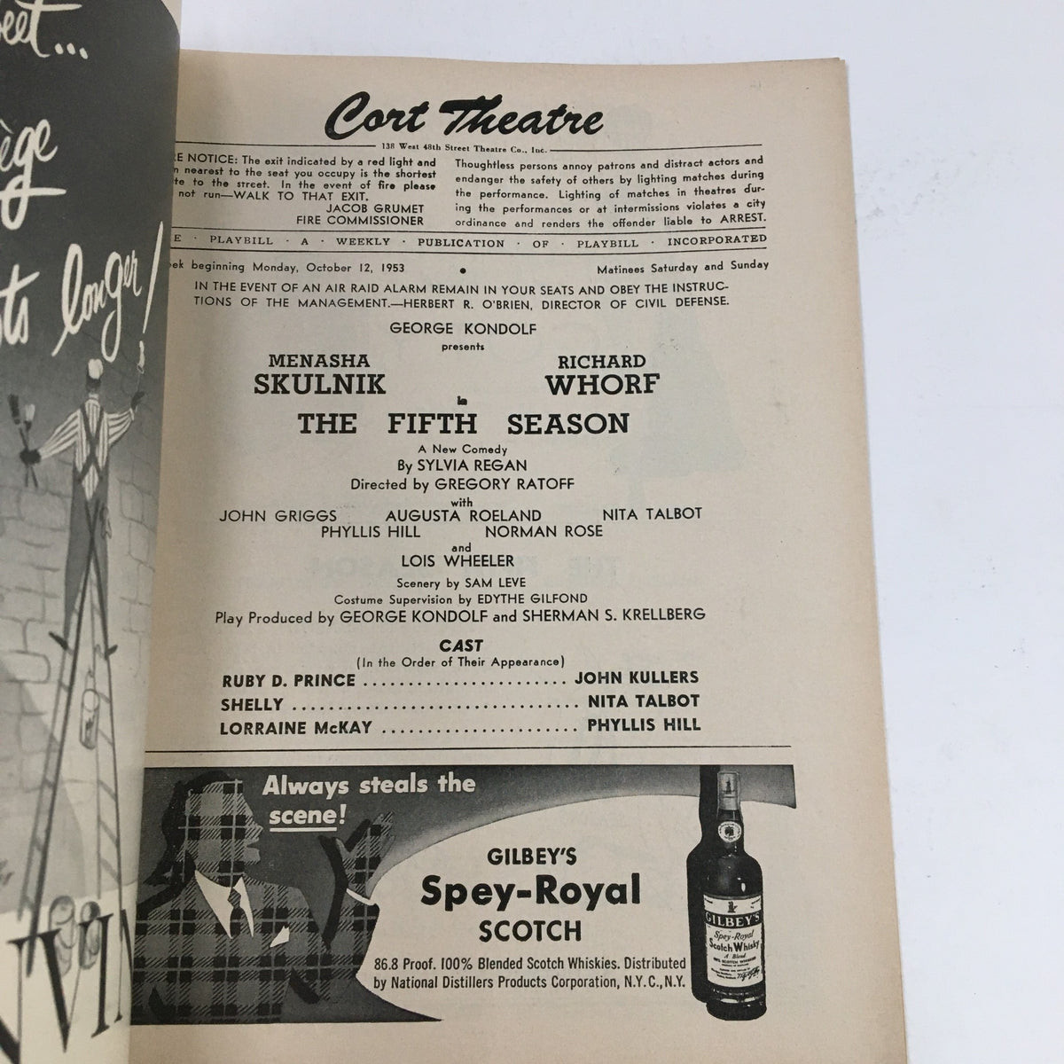 Interior page of the 1953 Playbill for The Cort Theatre, detailing the cast and production information for George Kondolf's The Fifth Season.
