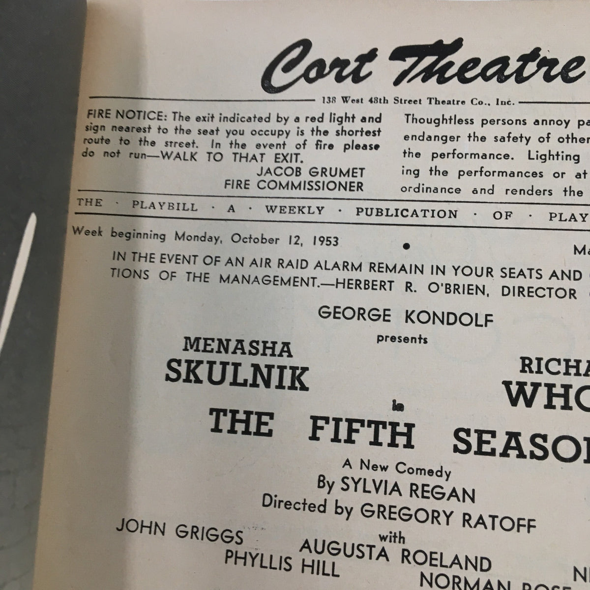 1953 Playbill for George Kondolf's production of The Fifth Season at the Cort Theatre, featuring the cast and crew details, including Menasha Skulnik and Richard Whorf, highlighting its significance as a vintage theatre collectible.