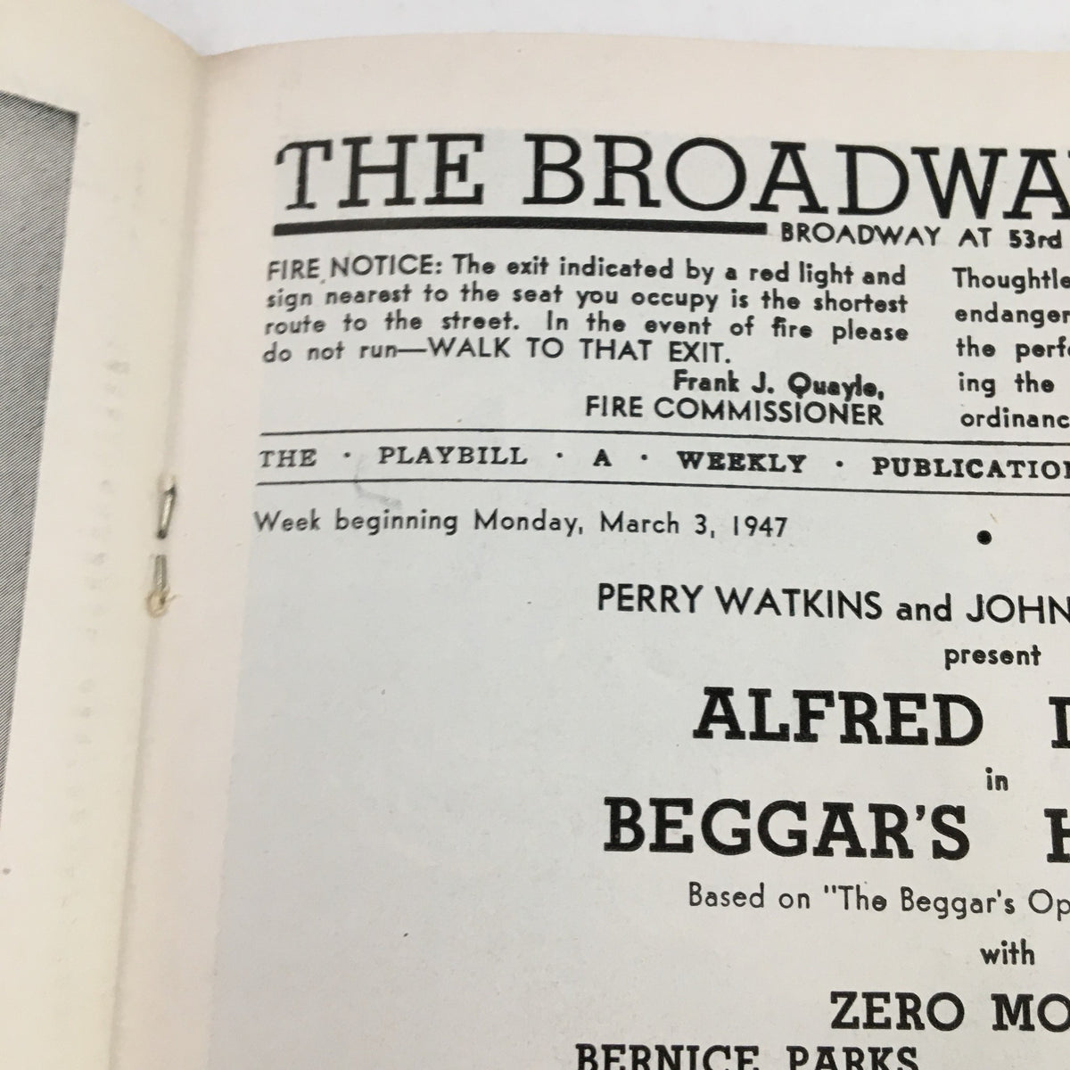 Detailed view of another interior page of the 1947 Playbill for 'Beggar's Holiday', showcasing its historical context and theatre information.