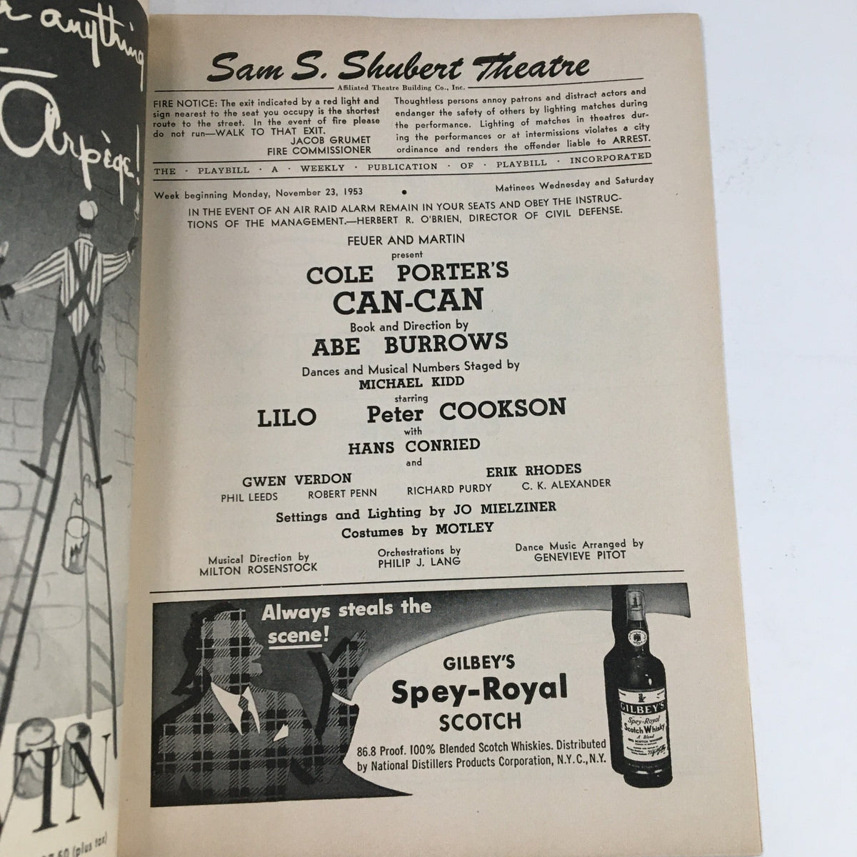 Inside page of the 1953 Playbill for Cole Porter's Can-Can, detailing the cast and creative team including Abe Burrows, staged at the Sam S. Shubert Theatre.