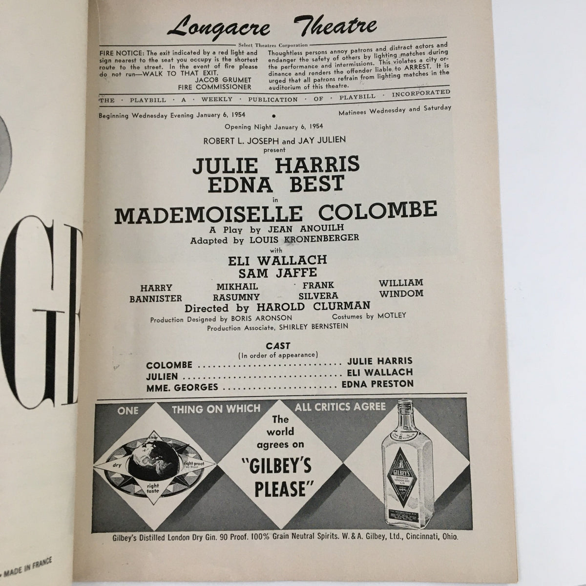 Interior page of the 1954 Playbill featuring Julie Harris in Mademoiselle Colombe, listing the cast and production details.