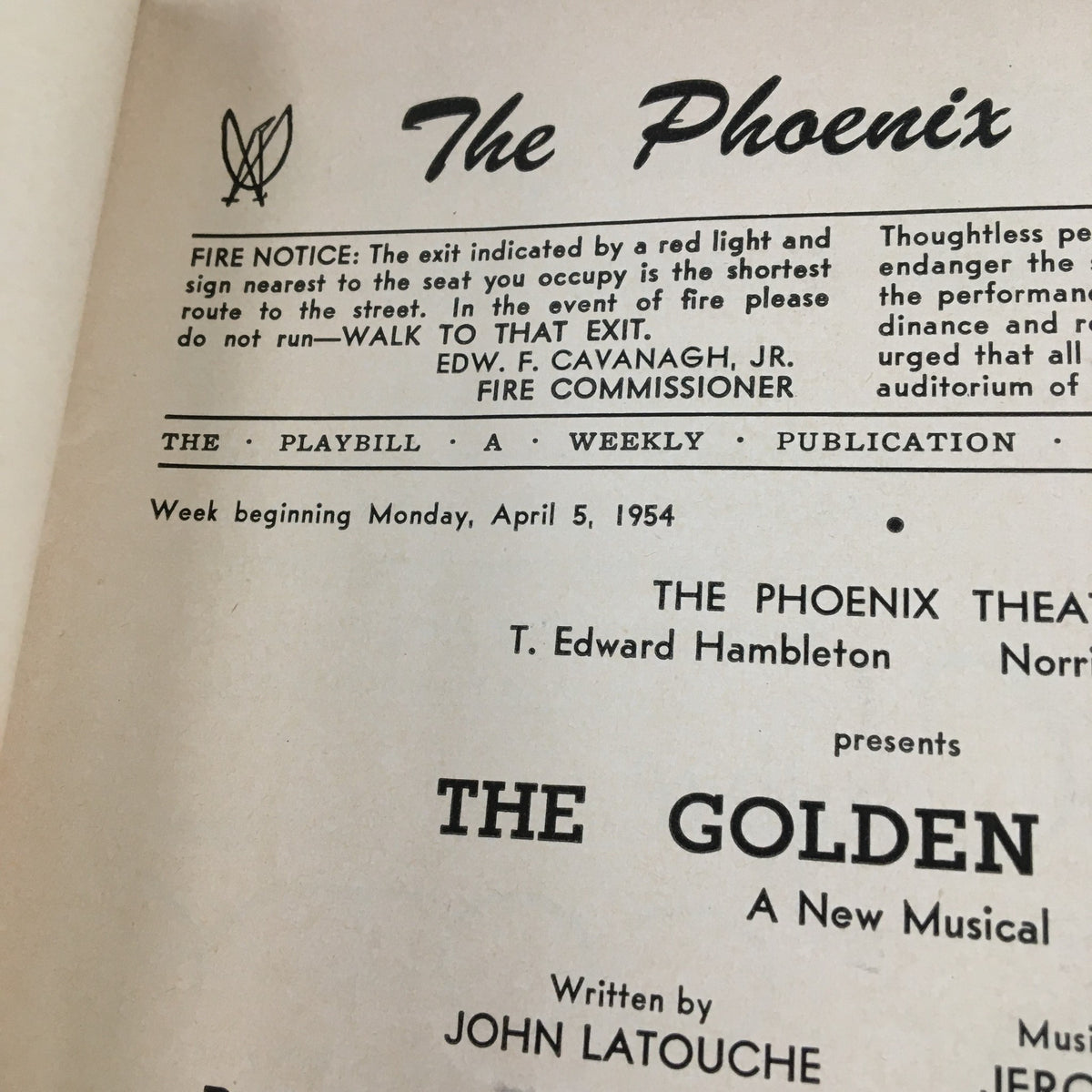 Detailed view of the 1954 Playbill for The Golden Apple, showcasing essential performance information and the theater's fire safety notice.