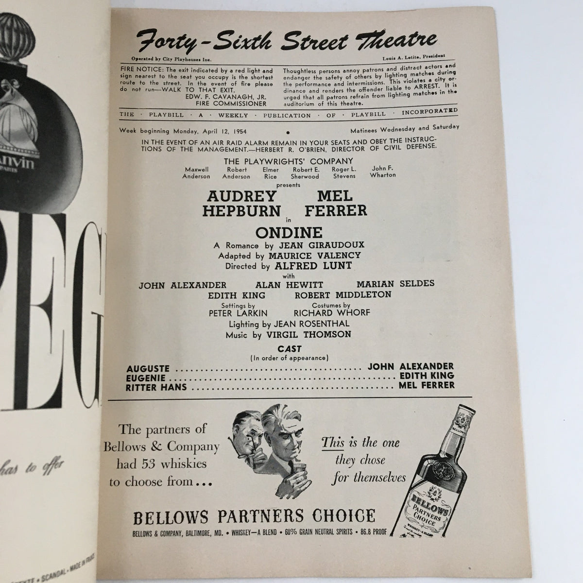 Interior page of the 1954 Playbill from the Forty-Sixth Street Theatre, detailing the cast and production credits for Ondine starring Audrey Hepburn and Mel Ferrer.