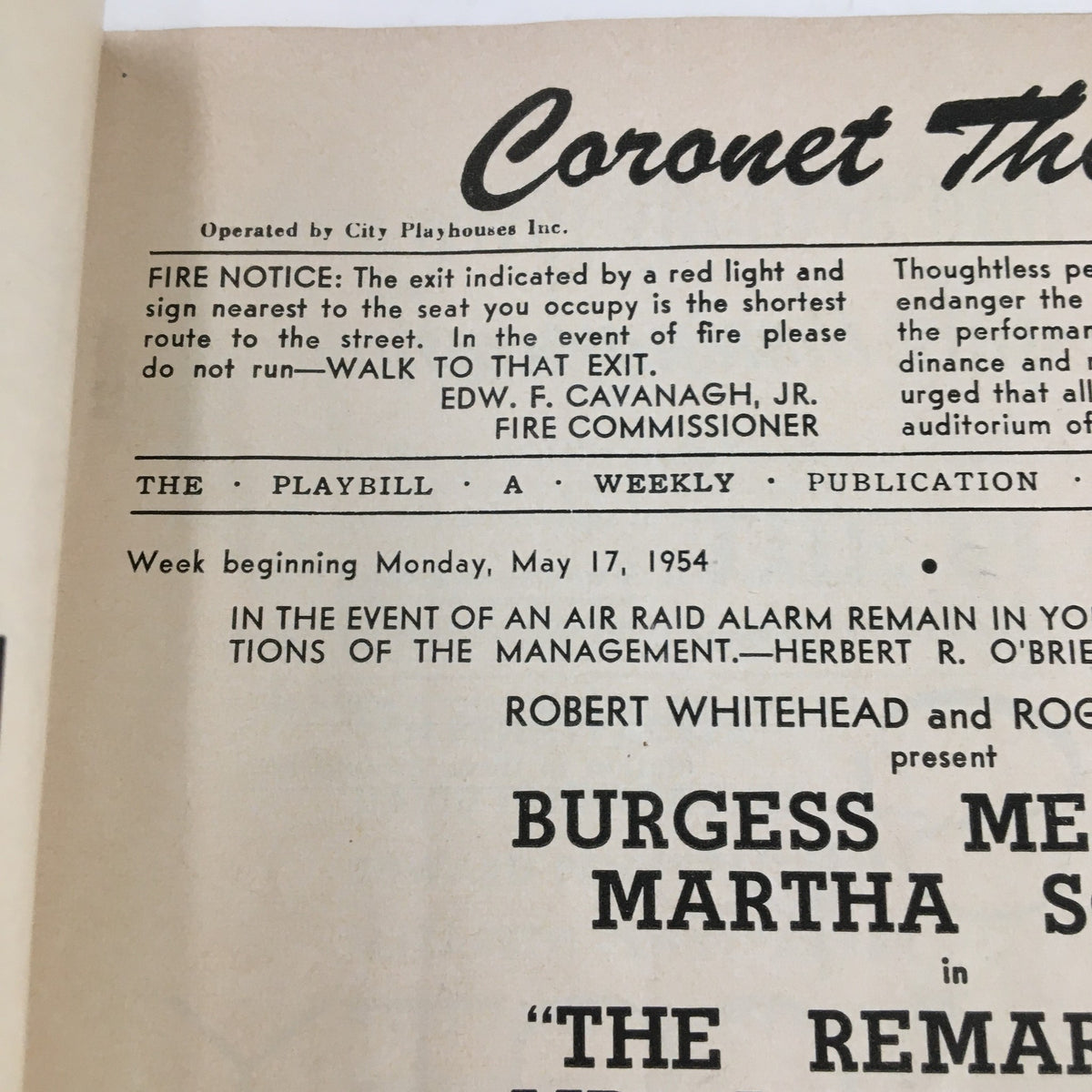 Second interior page of the 1954 Playbill for The Remarkable Mr. Pennypacker revealing additional production information and safety notice for the Coronet Theatre.