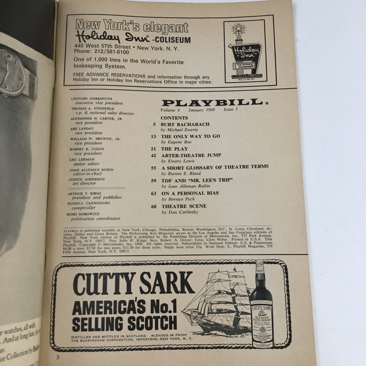 1969 Playbill for Zorba at the Imperial Theatre featuring Harold Prince, showcasing contents page with advertisements and articles.