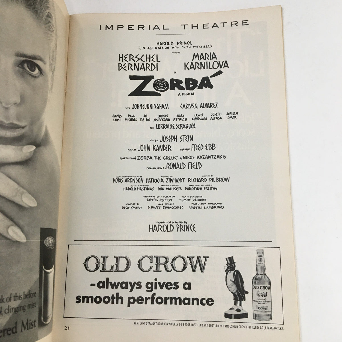 1969 Playbill for Zorba at the Imperial Theatre highlighting the cast and production team, including Maria Karnilova and Harold Prince.