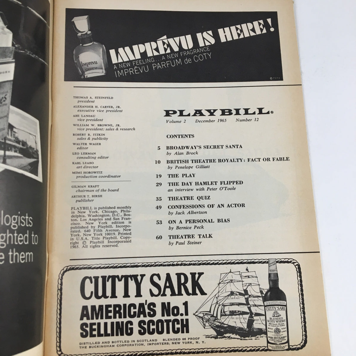 Interior page of the 1965 Playbill for Cactus Flower featuring Lauren Bacall, displaying contents and advertisements, a collectible piece of theatrical history.