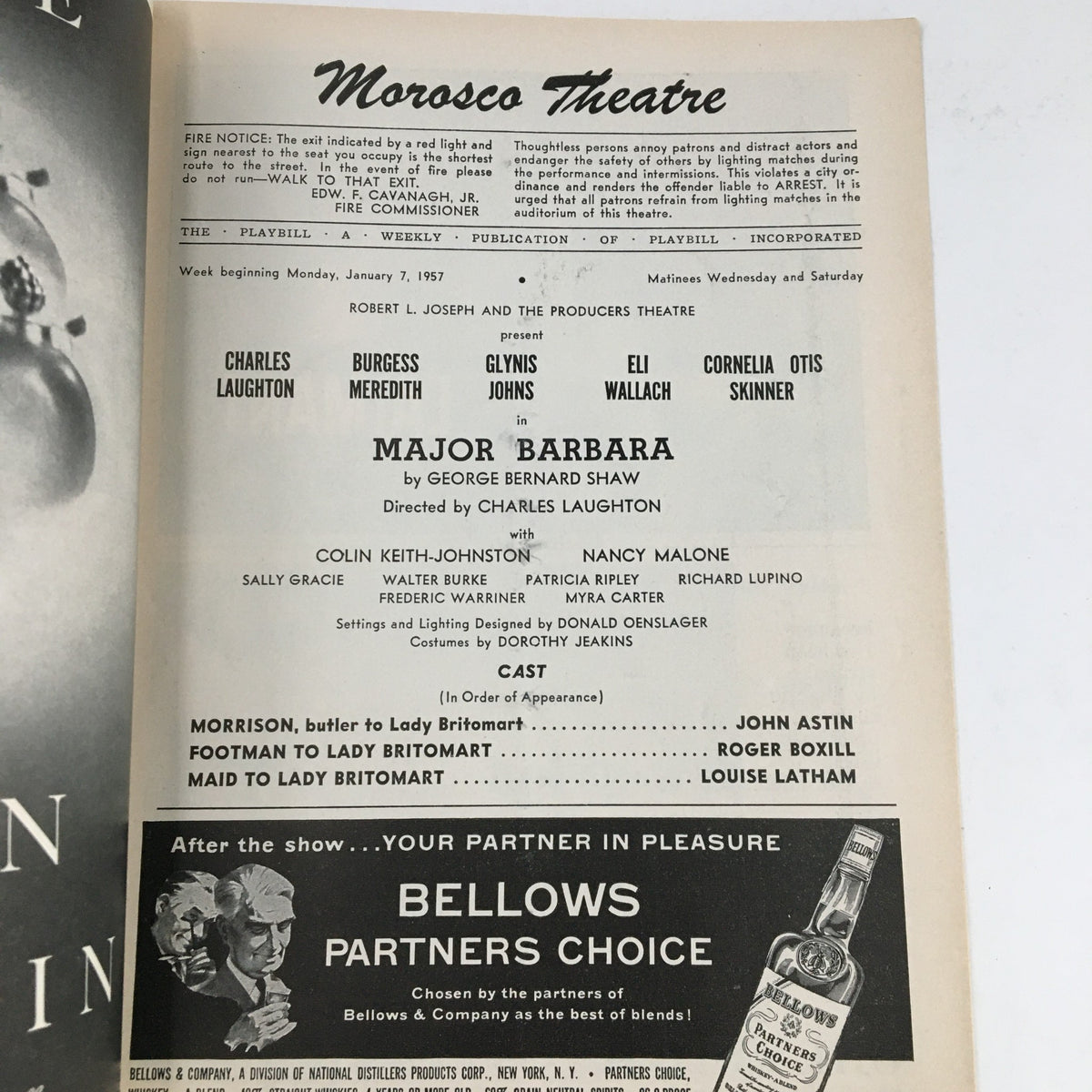 1957 Playbill Morosco Theatre featuring Charles Laughton in Major Barbara, showcasing cast details and production information.