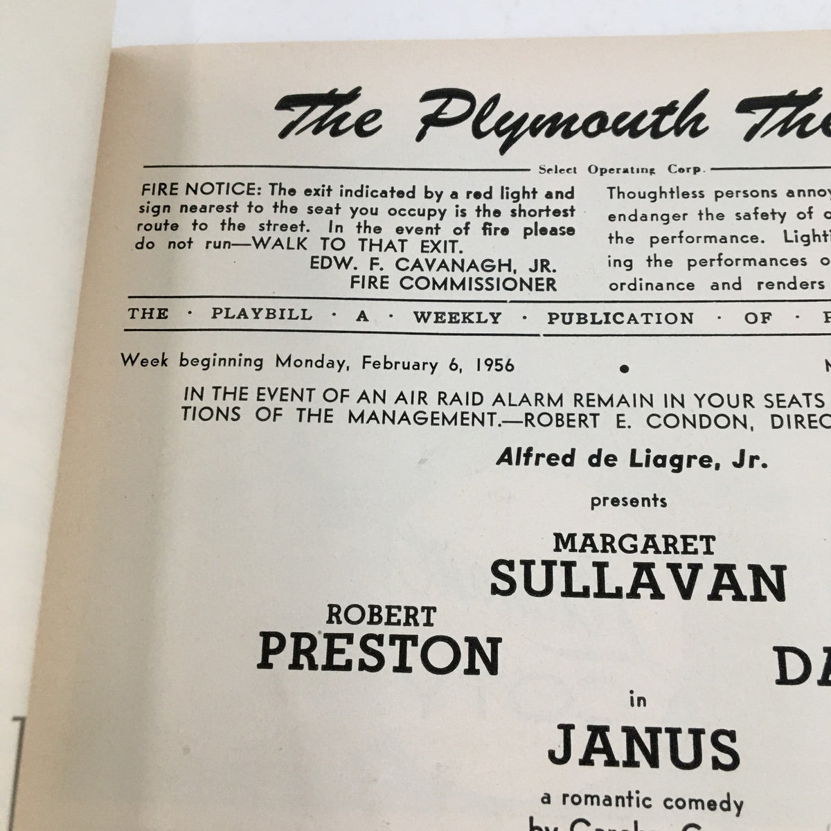 The Plymouth Theatre 1956 Playbill highlighting the cast of 'Janus' including Margaret Sullivan and Robert Preston.