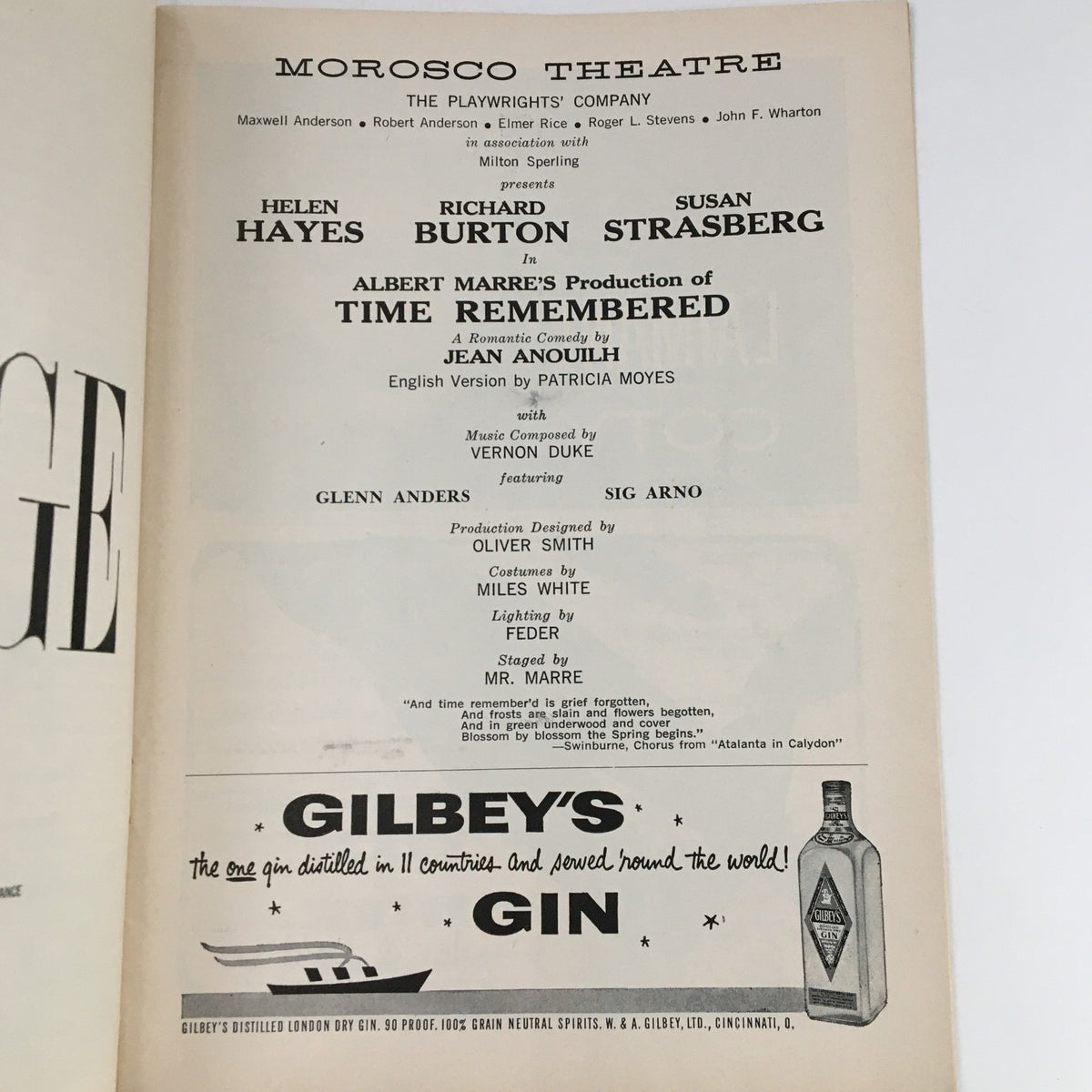 Interior page of the 1958 Playbill from Morosco Theatre, detailing cast and production credits for Richard Burton in Time Remembered.