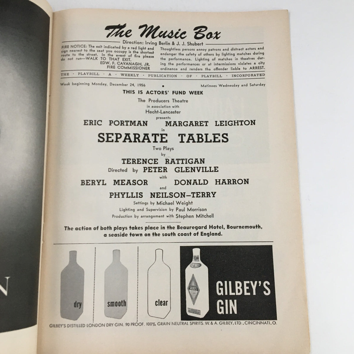 Interior page of the 1956 Playbill for The Music Box detailing production information for Separate Tables, including cast and creative team information.