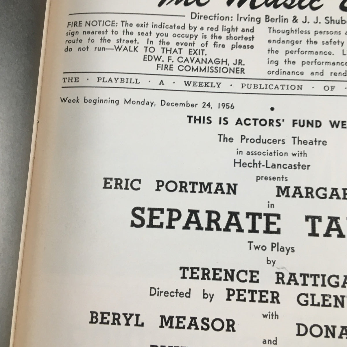 Close-up view of the 1956 Playbill for 'The Music Box', featuring Eric Portman in 'Separate Tables' by Terence Rattigan, highlighting details of the theatrical production.