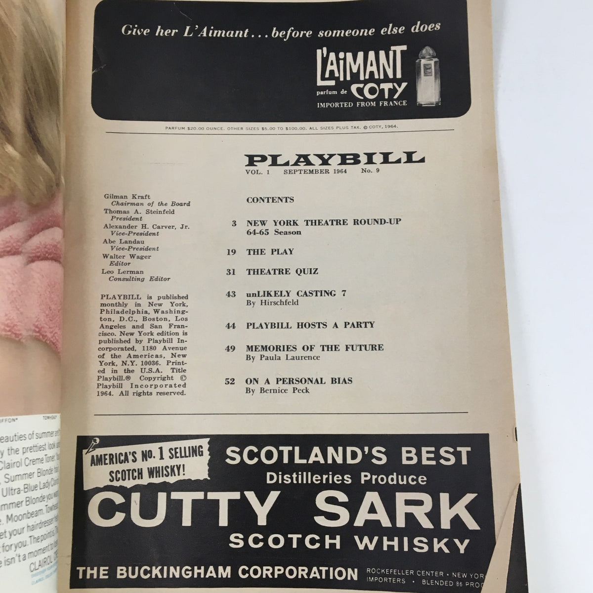Inside view of the 1964 Playbill for 'Any Wednesday', including the table of contents and advertisements for theatre events and products.
