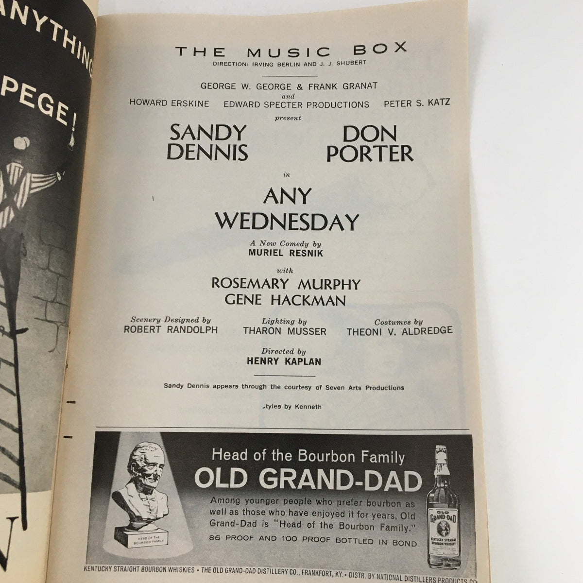 1964 Playbill for Any Wednesday featuring Sandy Dennis and Don Porter, presented at The Music Box Theatre, capturing mid-20th-century theatrical history.