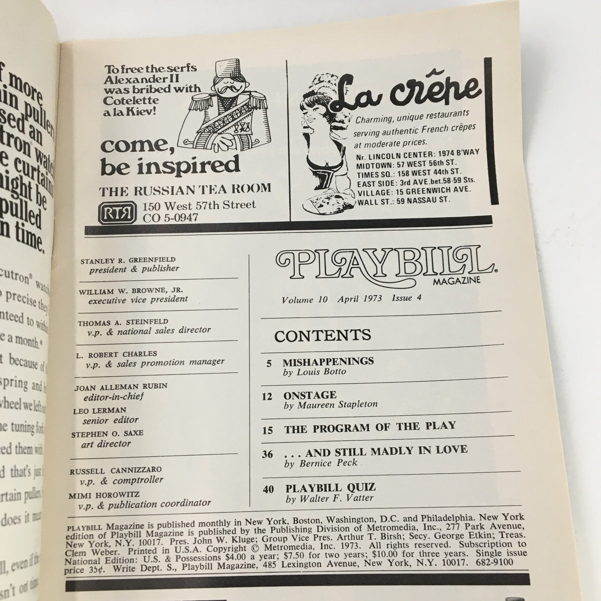 Inside view of the 1973 Playbill for Seesaw at the Uris Theatre, displaying contents and advertisements related to Broadway and theatrical performances.