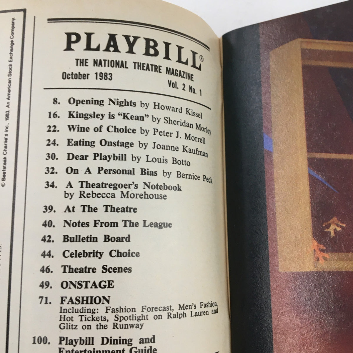 Inside page of the 1983 Playbill for La Cage Aux Folles showcasing content and features from the October issue of the National Theatre Magazine.