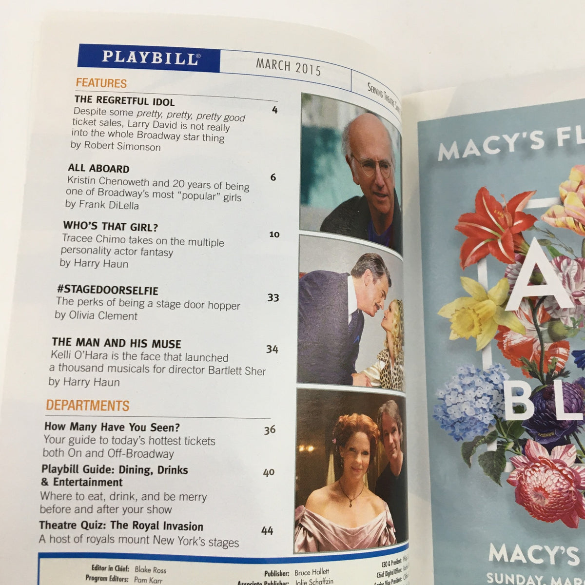 Interior page of the 2015 Playbill for The Audience highlighting features and articles from March 2015.