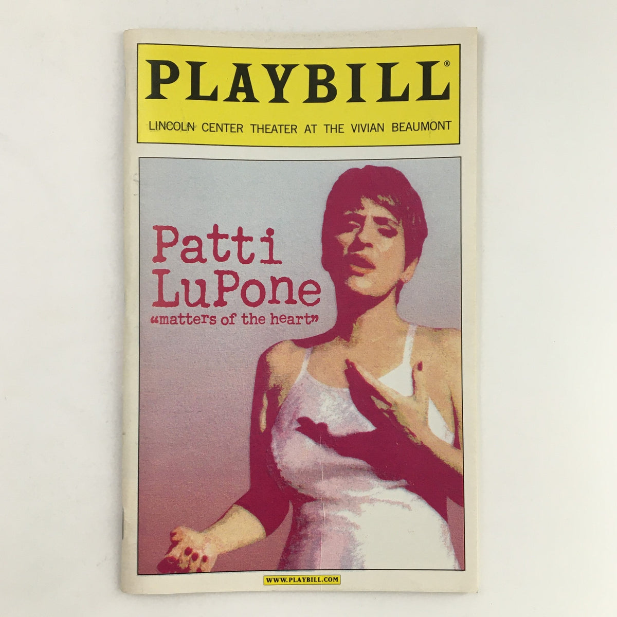 2000 Playbill for 'Patti LuPone: Matters of the Heart' at Lincoln Center Theater featuring a striking image of Patti LuPone.