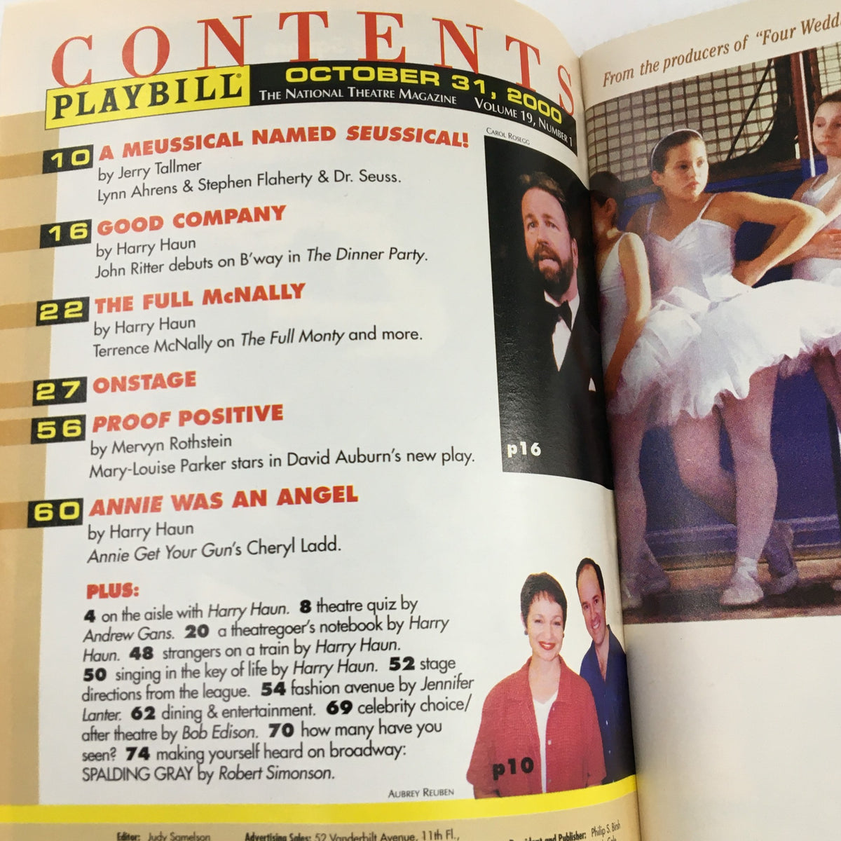 Contents page of the 2000 Playbill for 'Patti LuPone: Matters of the Heart', showcasing sections and contributors.