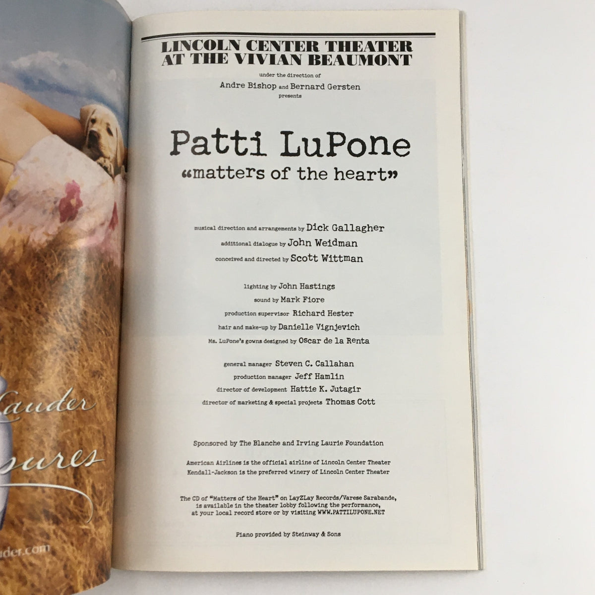 Credits page from the 2000 Playbill for 'Patti LuPone: Matters of the Heart' detailing the production team and creative collaborators.