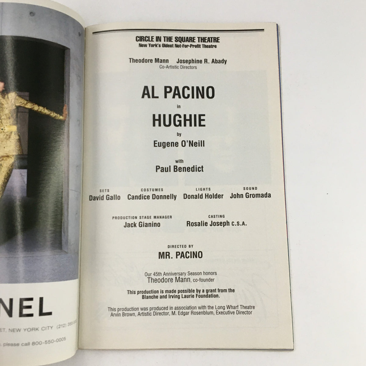 Second inside page of the 1996 Playbill for 'Hughie' featuring Al Pacino, outlining production credits including set design and sound.