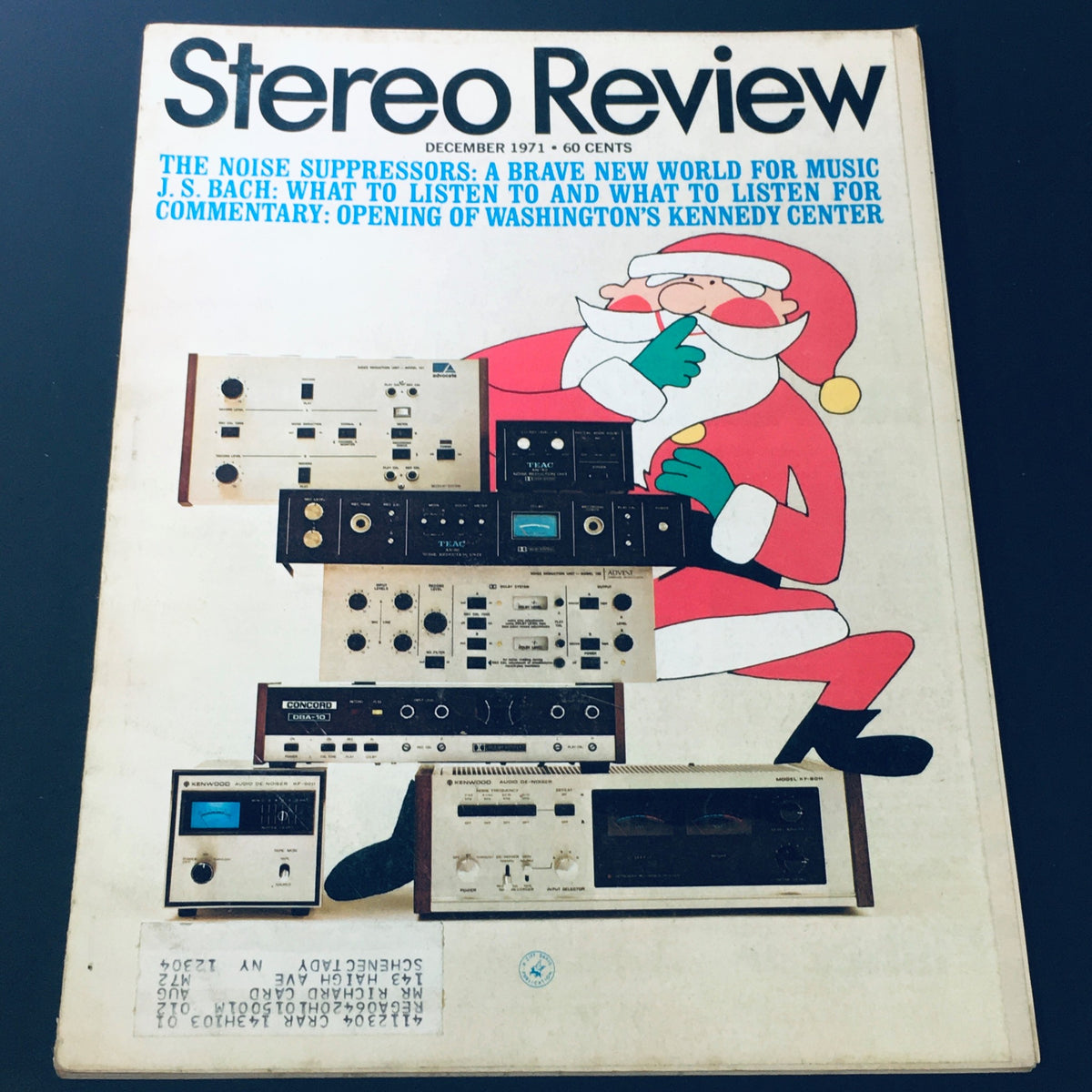 Cover of VTG Stereo Review Magazine December 1971 featuring J.S. Bach Music and a Santa Claus illustration, highlighting the opening of Washington's Kennedy Center.