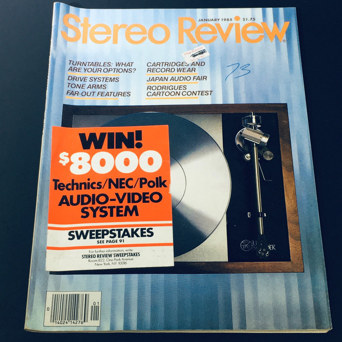 Cover of the January 1985 issue of Stereo Review magazine featuring the Rodrigues Cartoon Contest, a promotion for an $8000 audio-video system sweepstakes, and discussing turntables and audio technology.