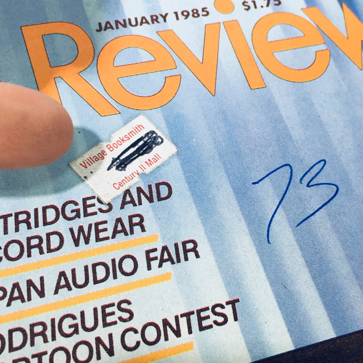 Close-up of January 1985 issue of Stereo Review magazine featuring a price sticker and handwritten note, part of the VTG Stereo Review Magazine collection, showcasing the Rodrigues Cartoon Contest.