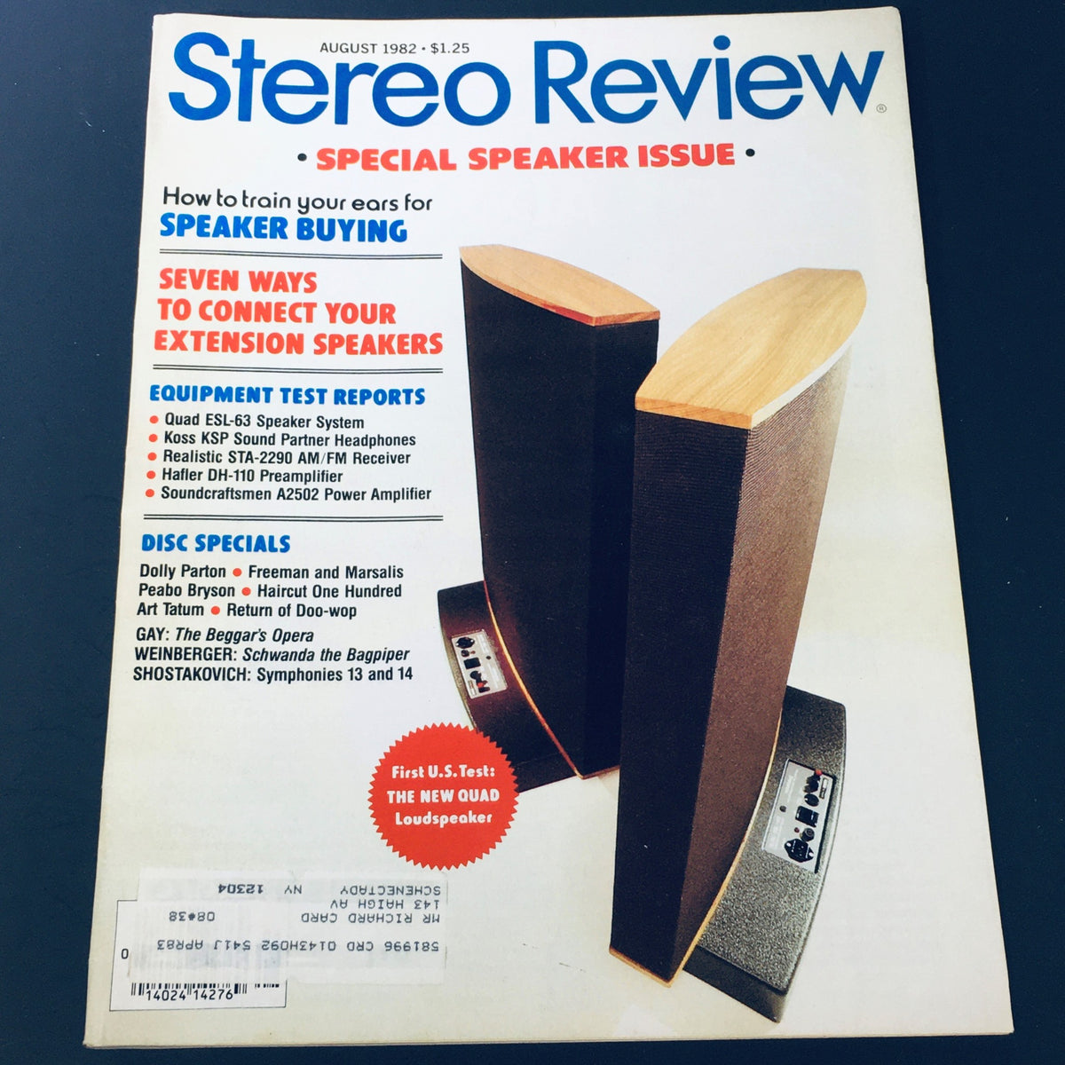 Cover of the Stereo Review Magazine August 1982 featuring a special speaker issue with articles on speaker buying, equipment test reports, and highlights of artists like Dolly Parton and Peabo Bryson.
