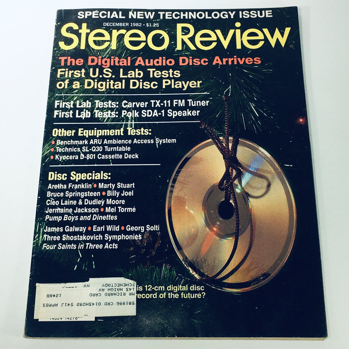 Cover of VTG Stereo Review Magazine, December 1982 featuring Aretha Franklin and Marty Stuart, highlighting the arrival of digital audio discs and reviews of audio equipment.