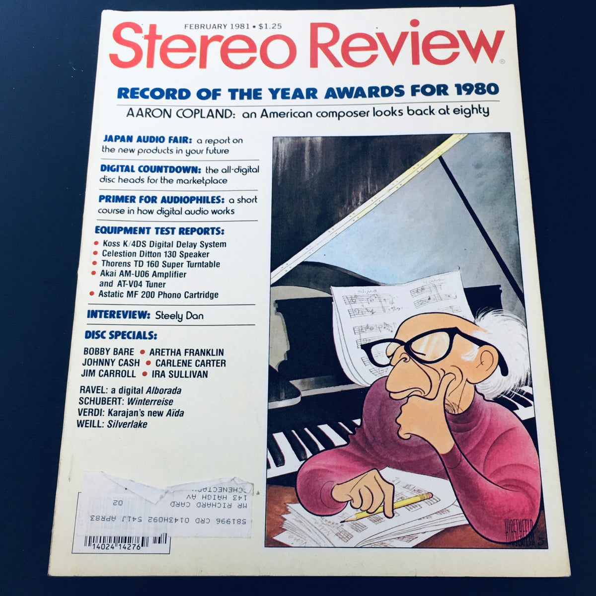 Vintage Stereo Review Magazine from February 1981 featuring articles on Bobby Bare and Aretha Franklin, highlighting music reviews and the Record of the Year Awards for 1980, complete with artistic illustration.